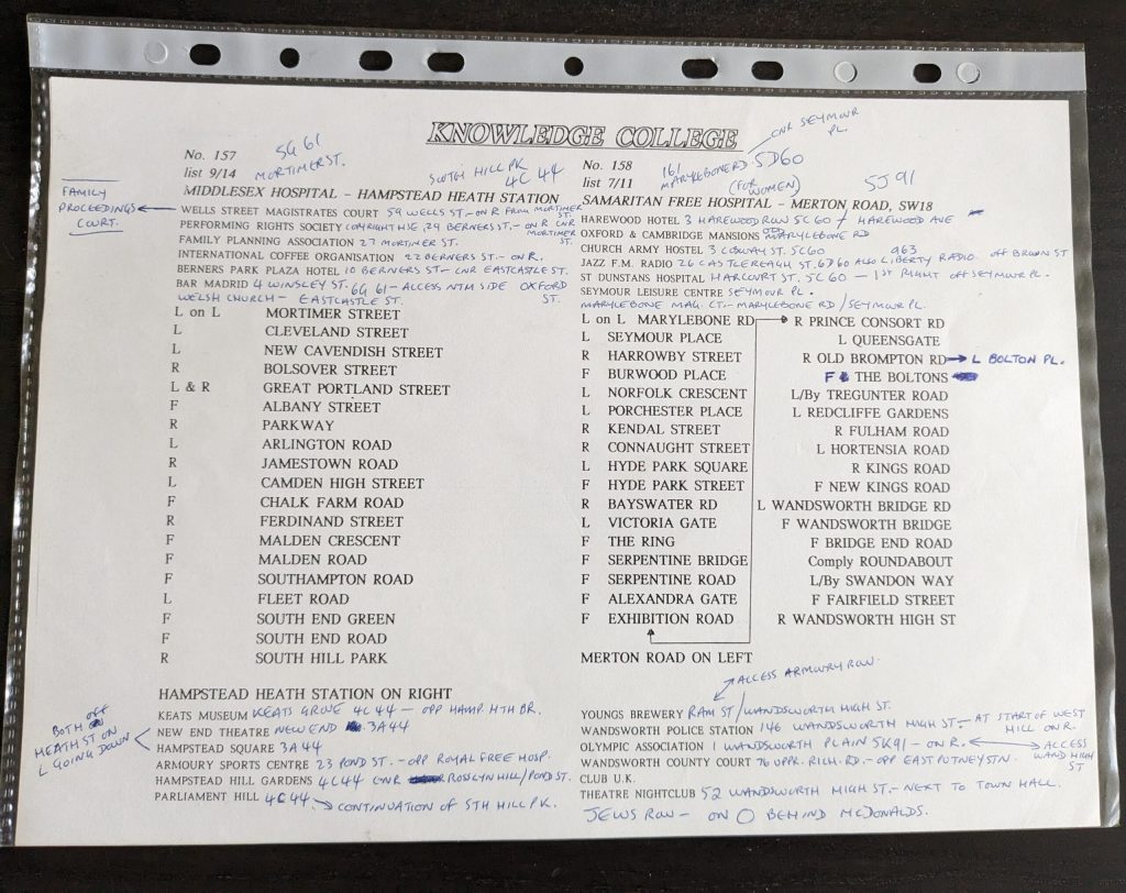 Knowledge of London. The Blue Book in long-form. Each sheet clipped to the scooter board for study on the move.